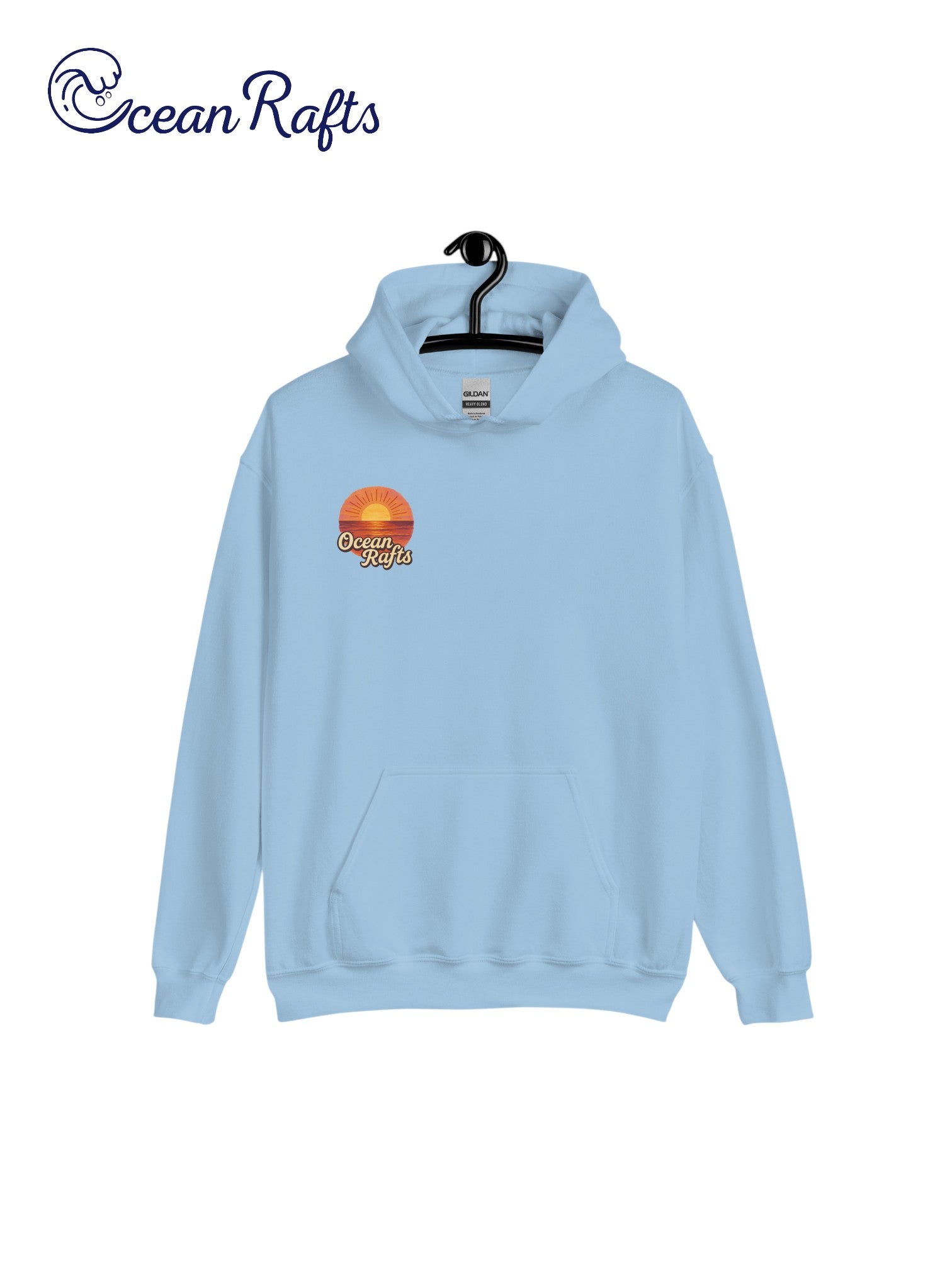 Sunrise Hoodie - Ocean Rafts - AU & NZ - teal blue hoodie with stylised radiating sunset over ocean graphic