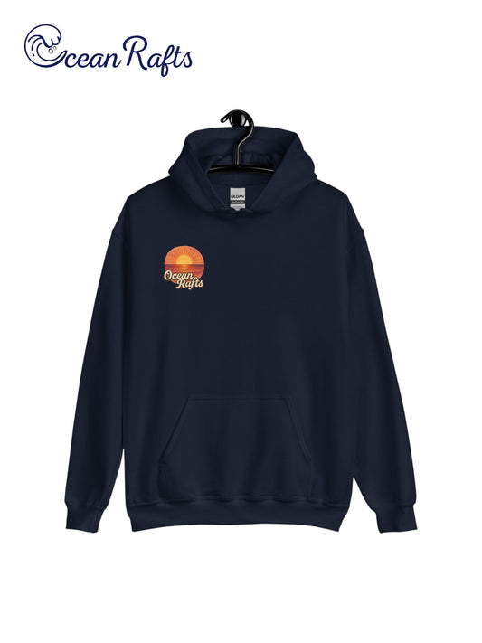 Sunrise Hoodie - Ocean Rafts - AU & NZ - front of black hoodie with stylised radiating sunset over ocean graphic