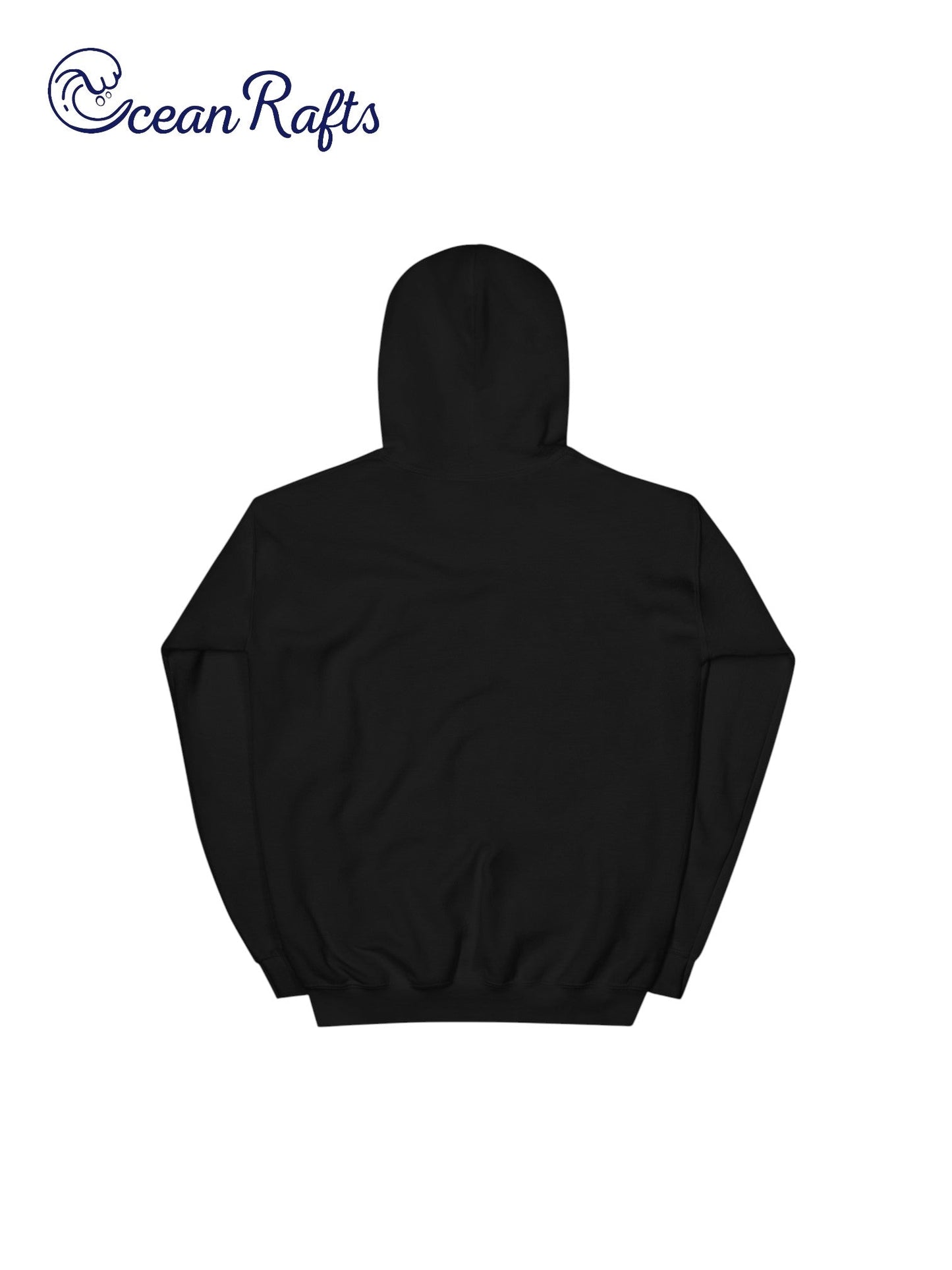 Sunrise Hoodie - Ocean Rafts - AU & NZ - back of black folded hoodie with stylised radiating sunset over ocean graphic