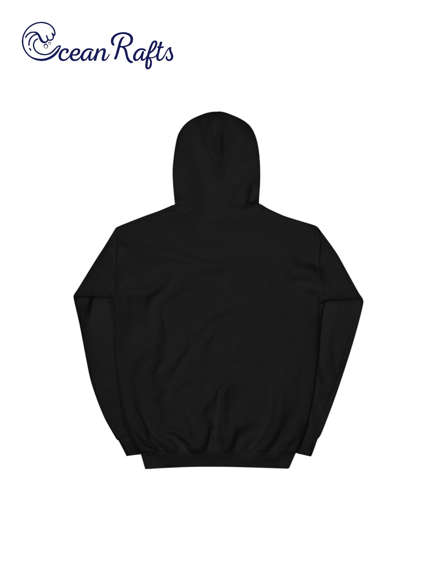 Sunrise Hoodie - Ocean Rafts - AU & NZ - back of black folded hoodie with stylised radiating sunset over ocean graphic