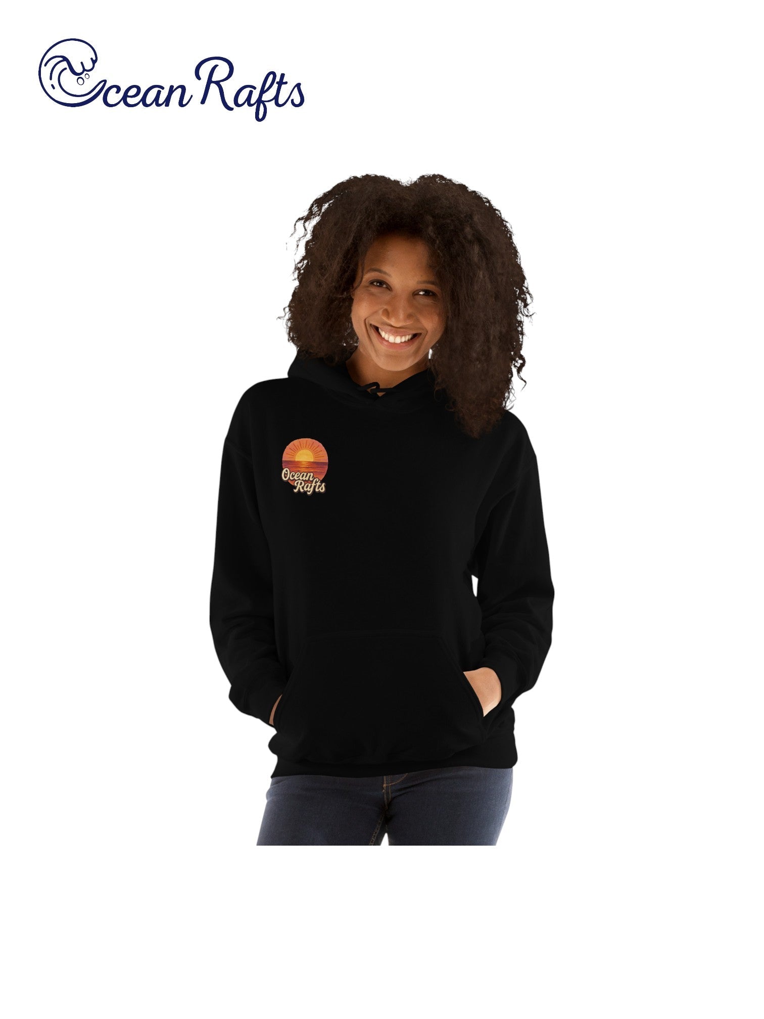Sunrise Hoodie - Ocean Rafts - AU & NZ - lady wearing black hoodie with stylised radiating sunset over ocean graphic