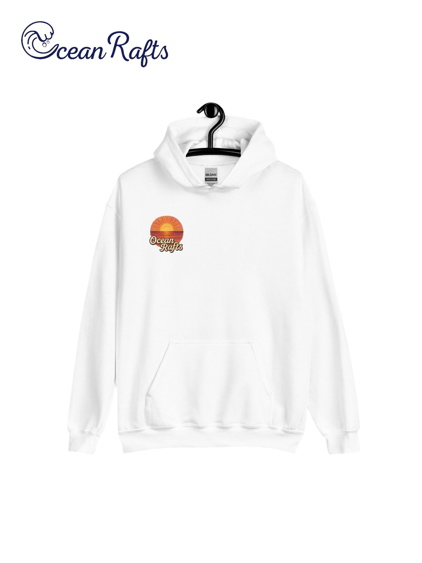 Sunrise Hoodie - Ocean Rafts - AU & NZ - white hoodie with stylised radiating sunset over ocean graphic