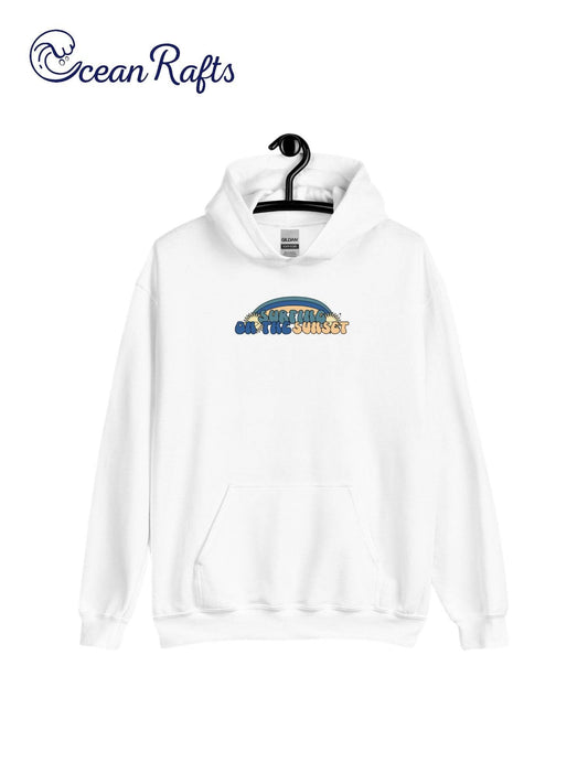 Surfing on the Sunset Hoodie - Ocean Rafts - AU & NZ - white hoodie with rainbow graphic and text