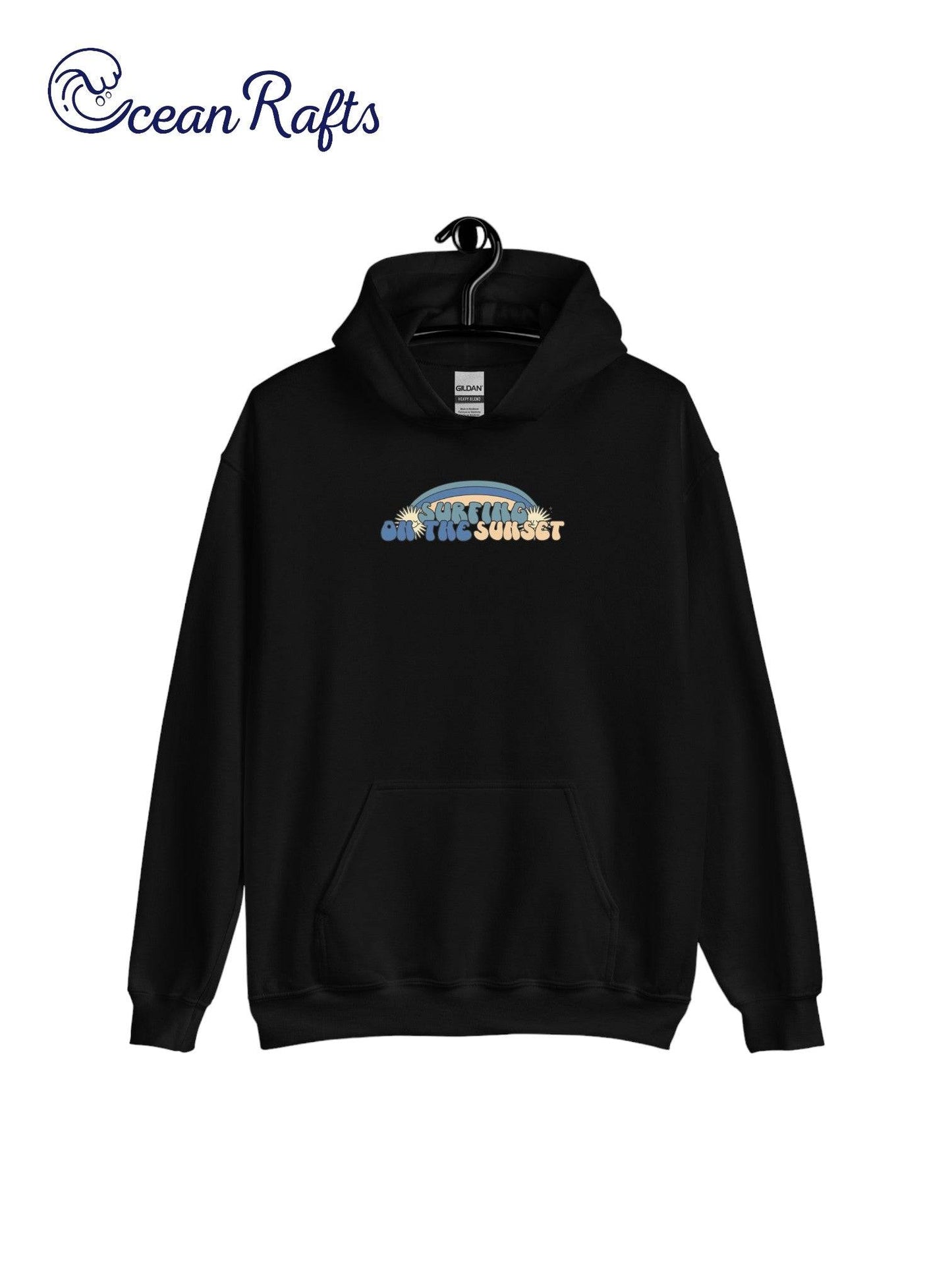 Surfing on the Sunset Hoodie - Ocean Rafts - AU & NZ - black hoodie with rainbow graphic and text