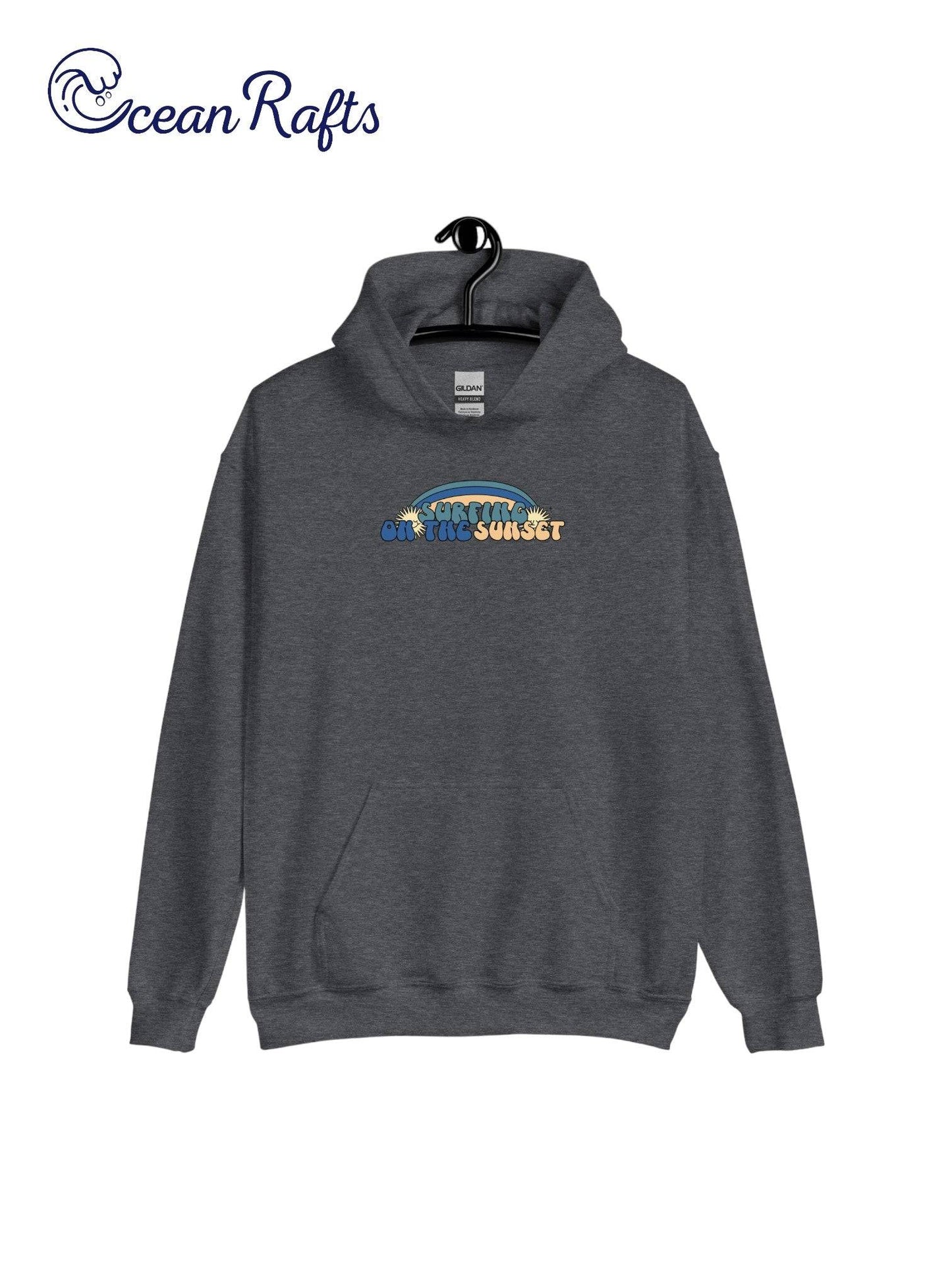 Surfing on the Sunset Hoodie - Ocean Rafts - AU & NZ - heather grey hoodie with rainbow graphic and text