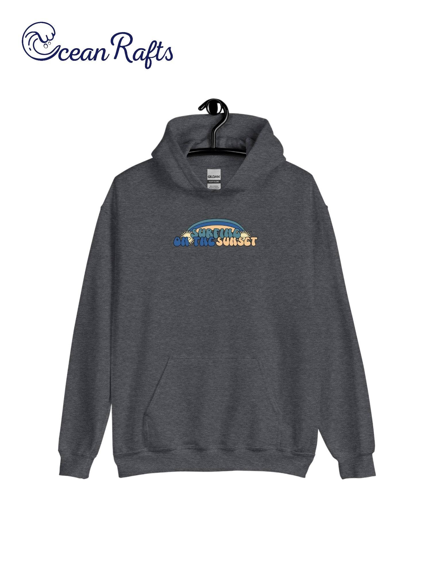 Surfing on the Sunset Hoodie - Ocean Rafts - AU & NZ - heather grey hoodie with rainbow graphic and text