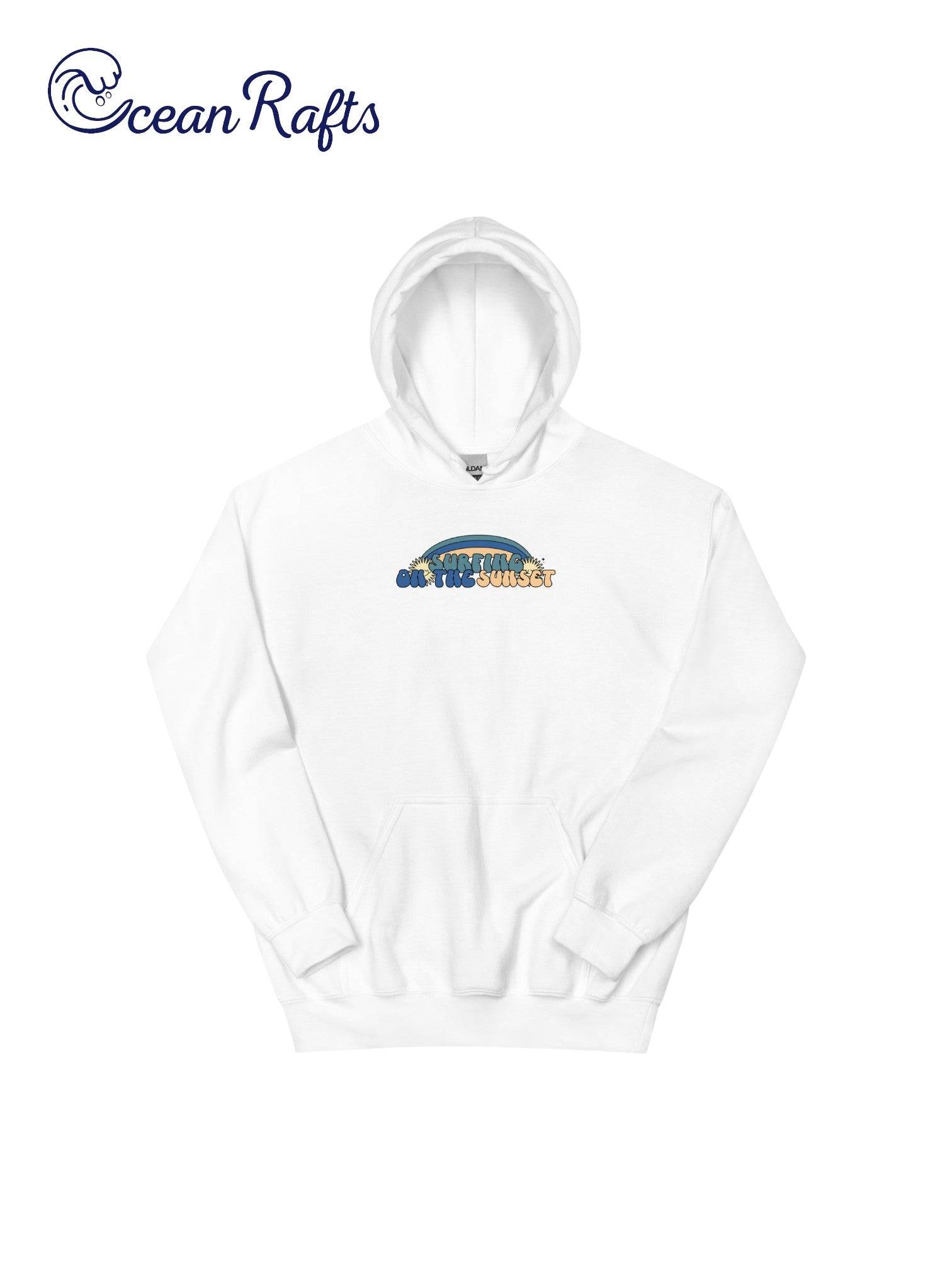 Surfing on the Sunset Hoodie - Ocean Rafts - AU & NZ - Folded white hoodie with rainbow graphic and text