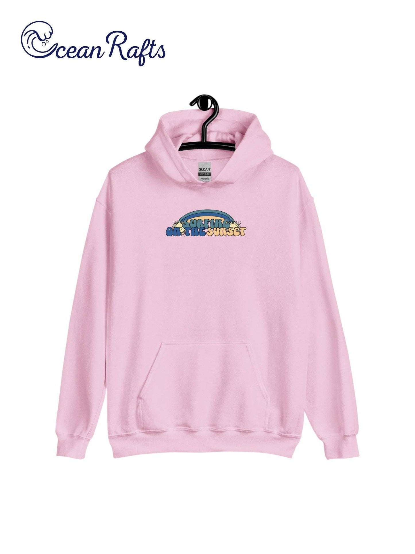 Surfing on the Sunset Hoodie - Ocean Rafts - AU & NZ - pink hoodie with rainbow graphic and text