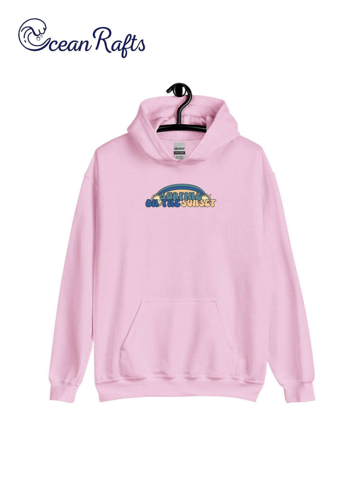 Surfing on the Sunset Hoodie - Ocean Rafts - AU & NZ - pink hoodie with rainbow graphic and text