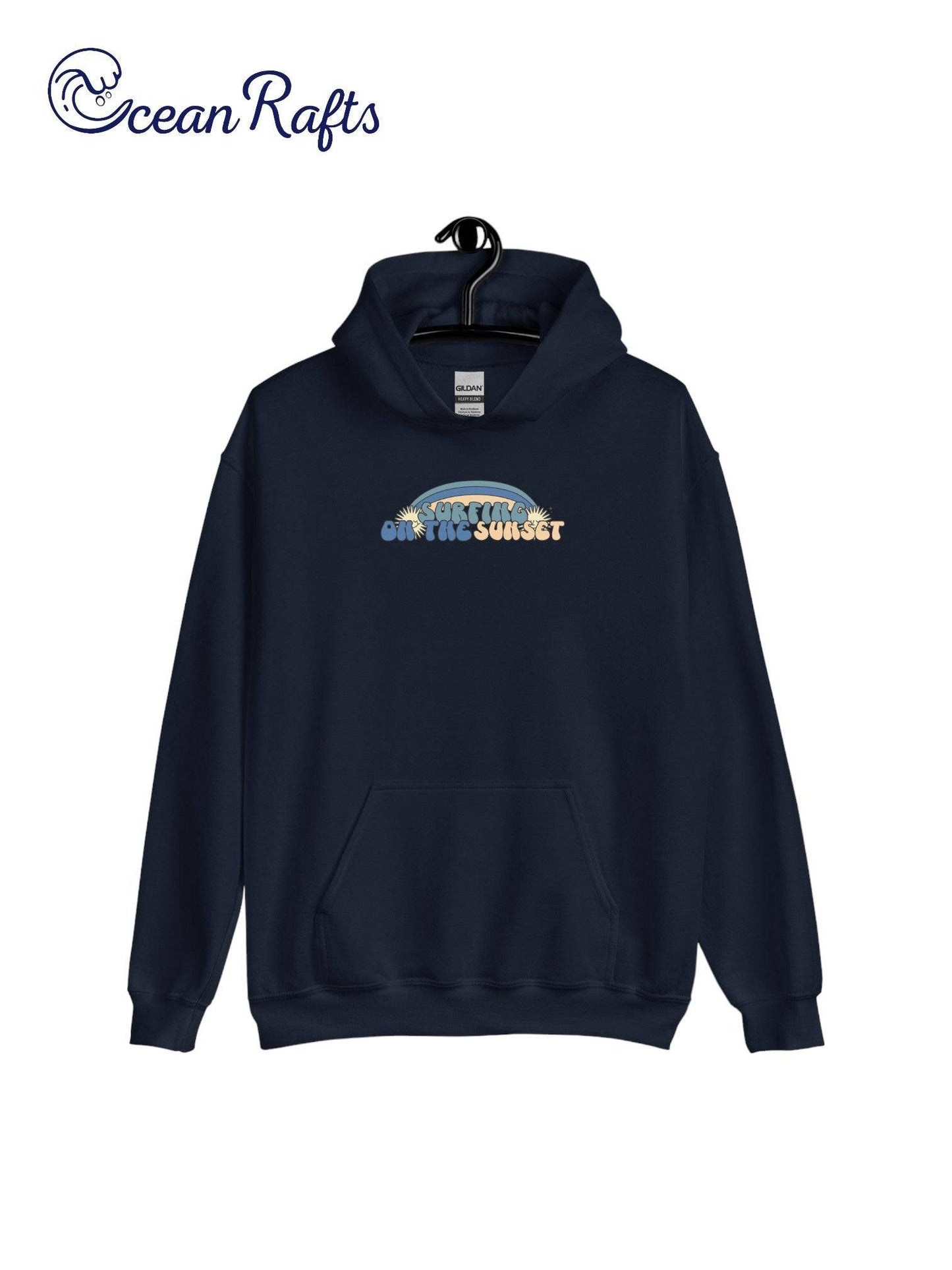 Surfing on the Sunset Hoodie - Ocean Rafts - AU & NZ - black hoodie with rainbow graphic and text