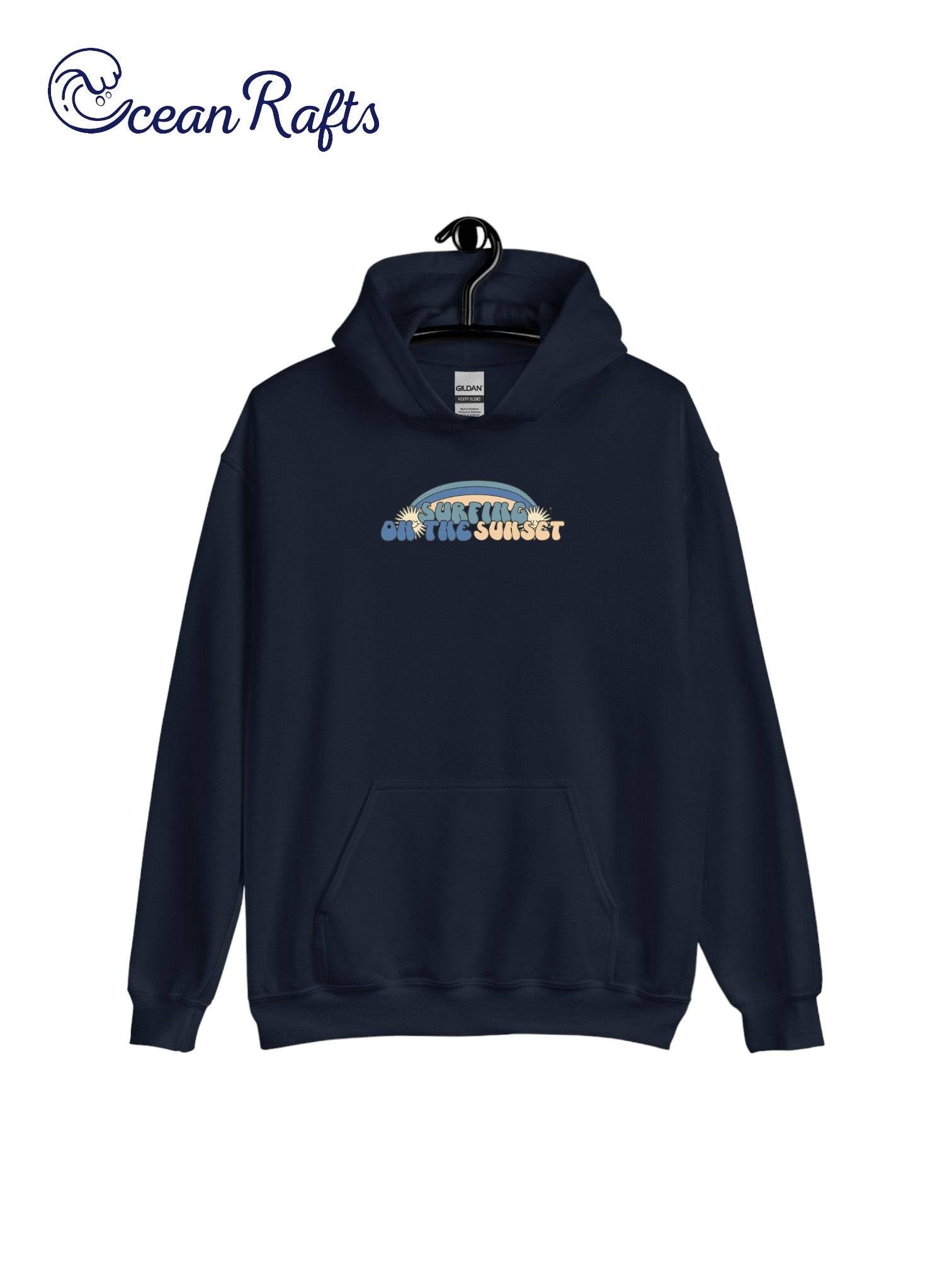 Surfing on the Sunset Hoodie - Ocean Rafts - AU & NZ - black hoodie with rainbow graphic and text