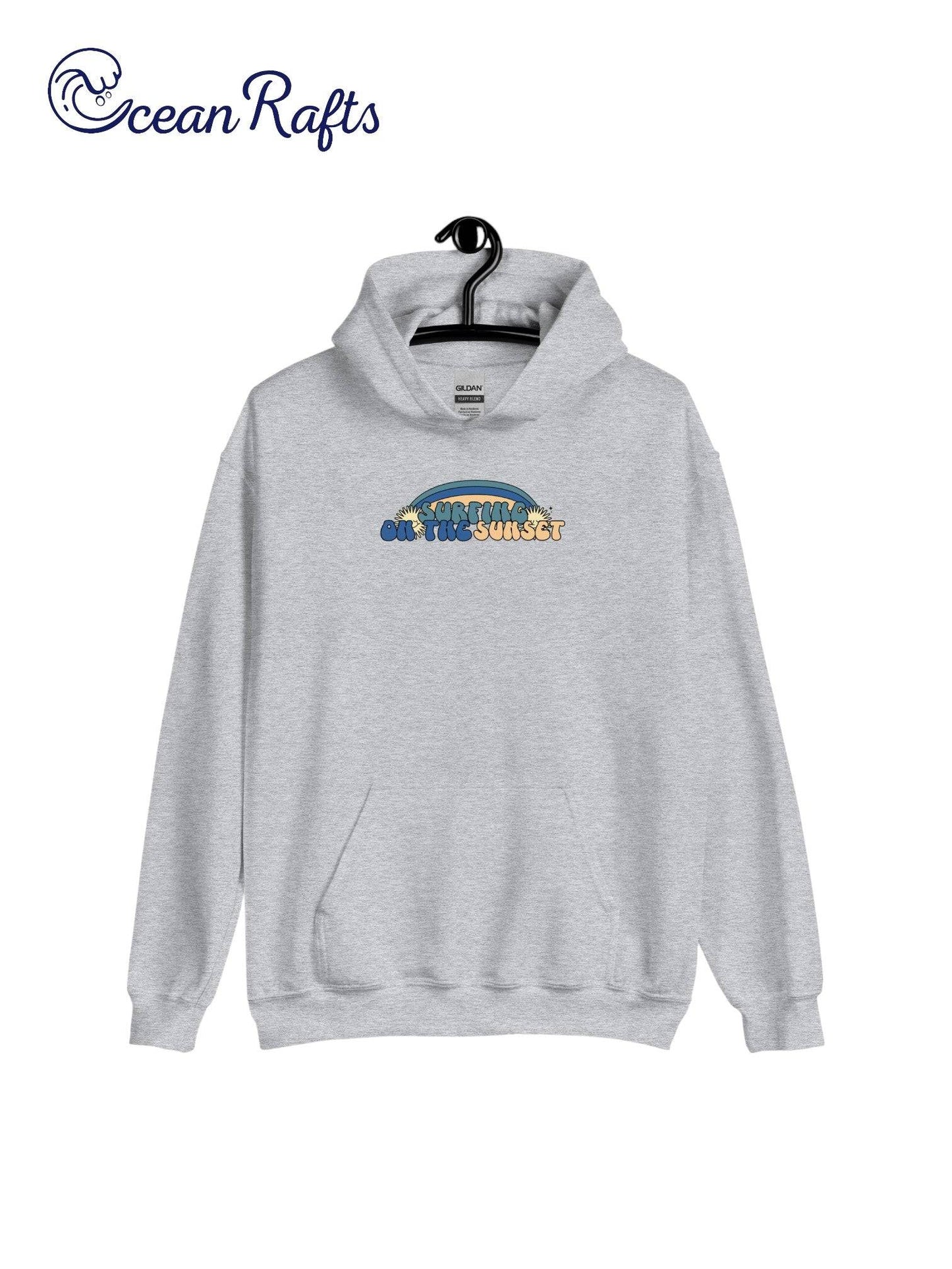 Surfing on the Sunset Hoodie - Ocean Rafts - AU & NZ - grey hoodie with rainbow graphic and text