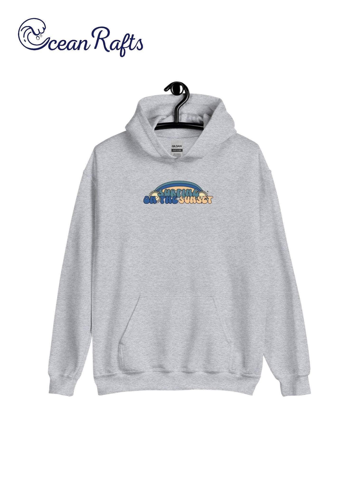 Surfing on the Sunset Hoodie - Ocean Rafts - AU & NZ - grey hoodie with rainbow graphic and text