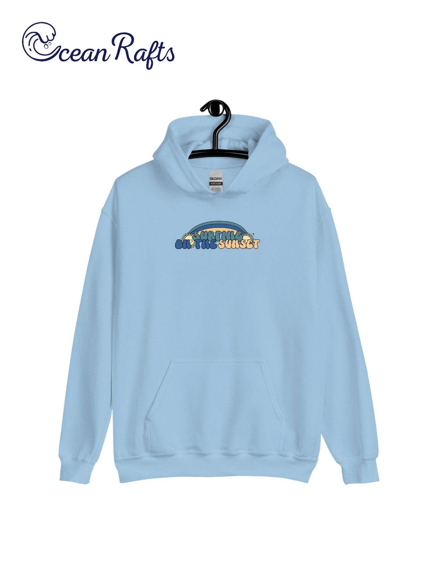 Surfing on the Sunset Hoodie - Ocean Rafts - AU & NZ - teal blue hoodie with rainbow graphic and text