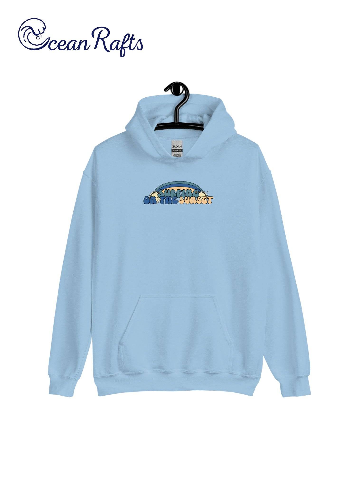 Surfing on the Sunset Hoodie - Ocean Rafts - AU & NZ - teal blue hoodie with rainbow graphic and text