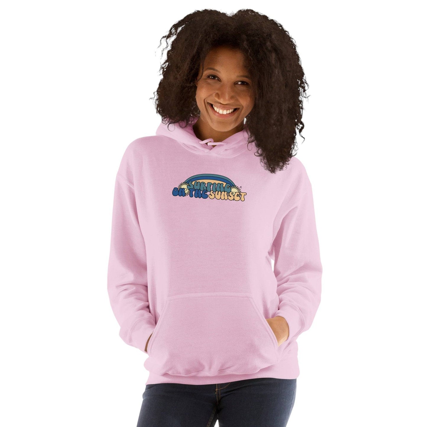 Surfing on the Sunset Hoodie - Ocean Rafts - AU & NZ - women wearing pink hoodie with rainbow graphic and text