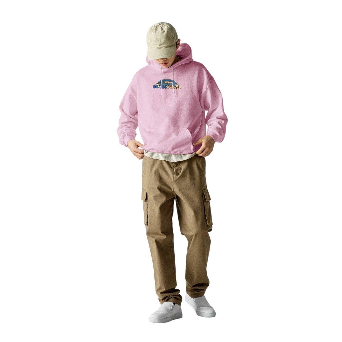 Surfing on the Sunset Hoodie - Ocean Rafts - AU & NZ - man wearing pink hoodie with rainbow graphic and text