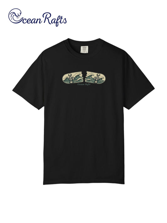 Tidal Break Shirt - Ocean Rafts - AU & NZ - Black Tee with broken skateboard with wave graphic