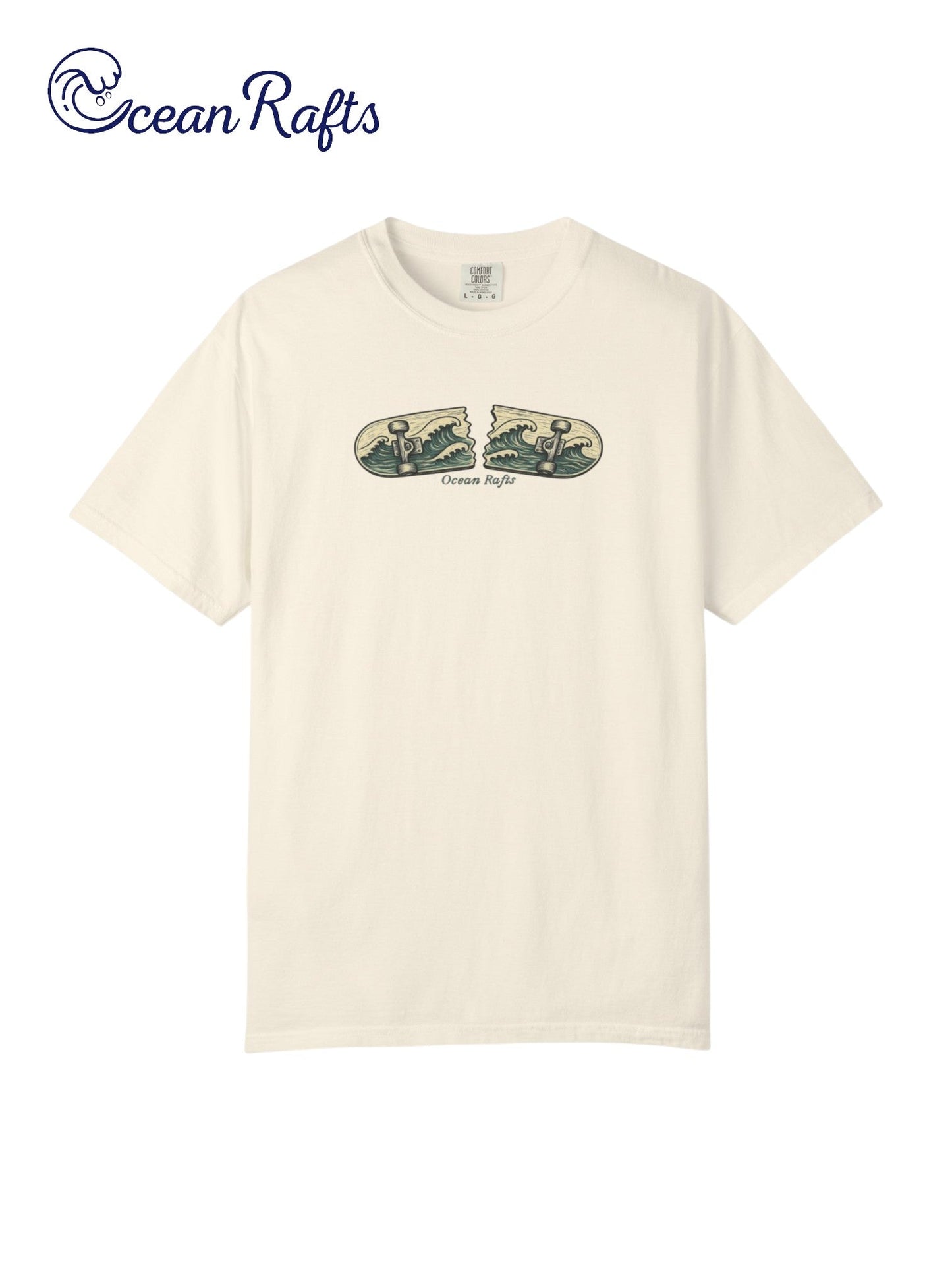 Tidal Break Shirt - Ocean Rafts - AU & NZ - Beige  Tee with broken skateboard with wave graphic