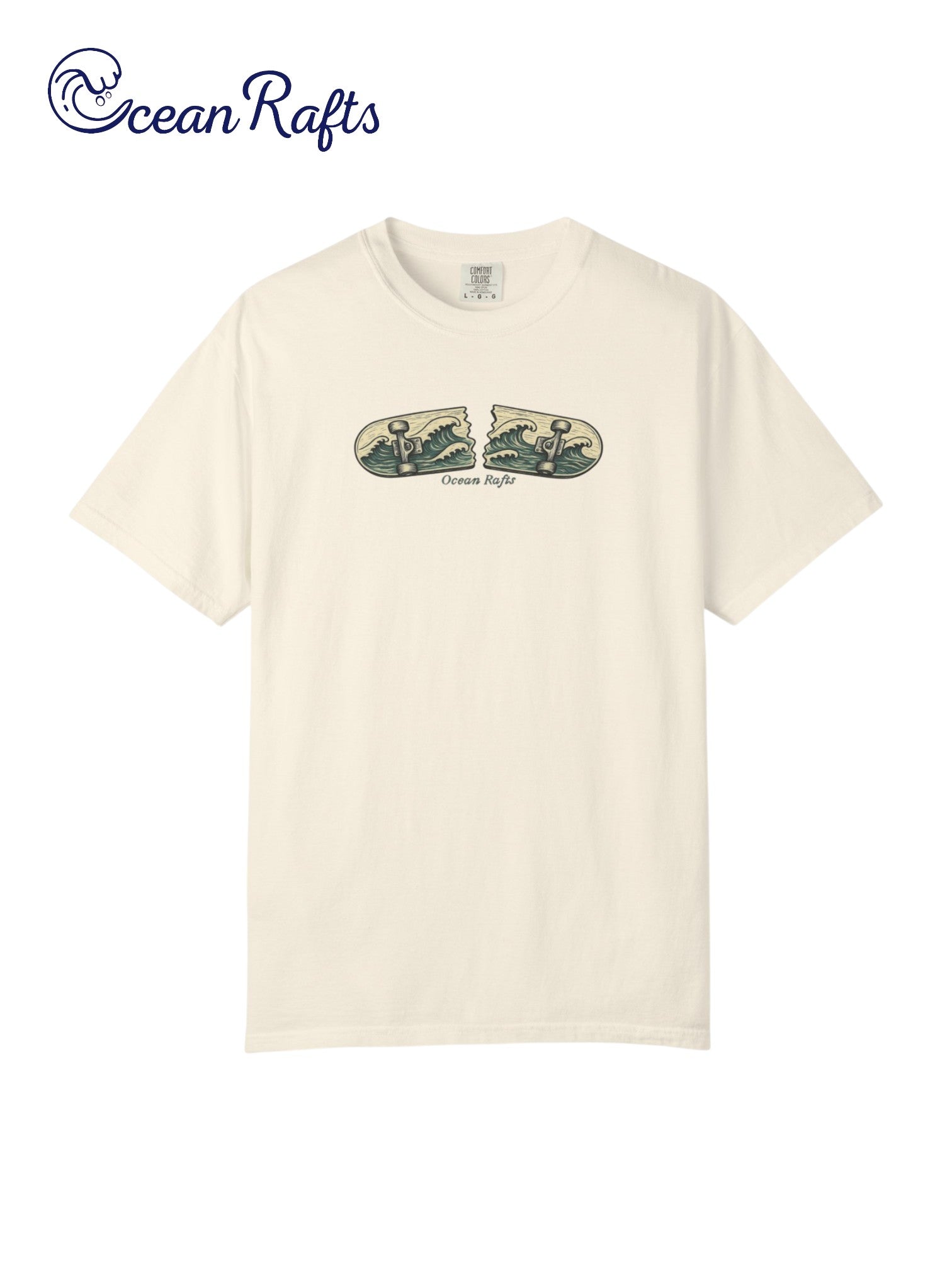 Tidal Break Shirt - Ocean Rafts - AU & NZ - Beige  Tee with broken skateboard with wave graphic