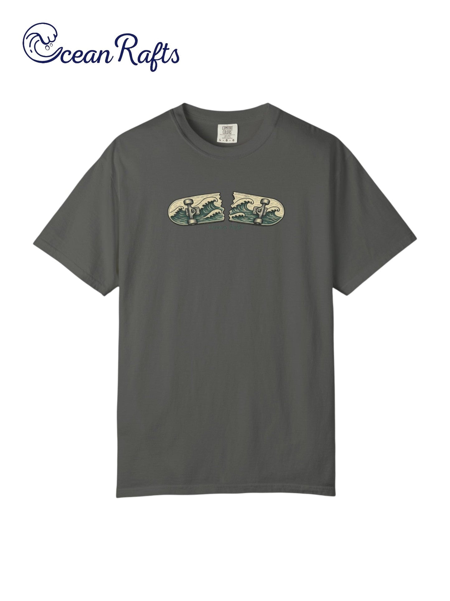 Tidal Break Shirt - Ocean Rafts - AU & NZ - Grey Tee with broken skateboard with wave graphic