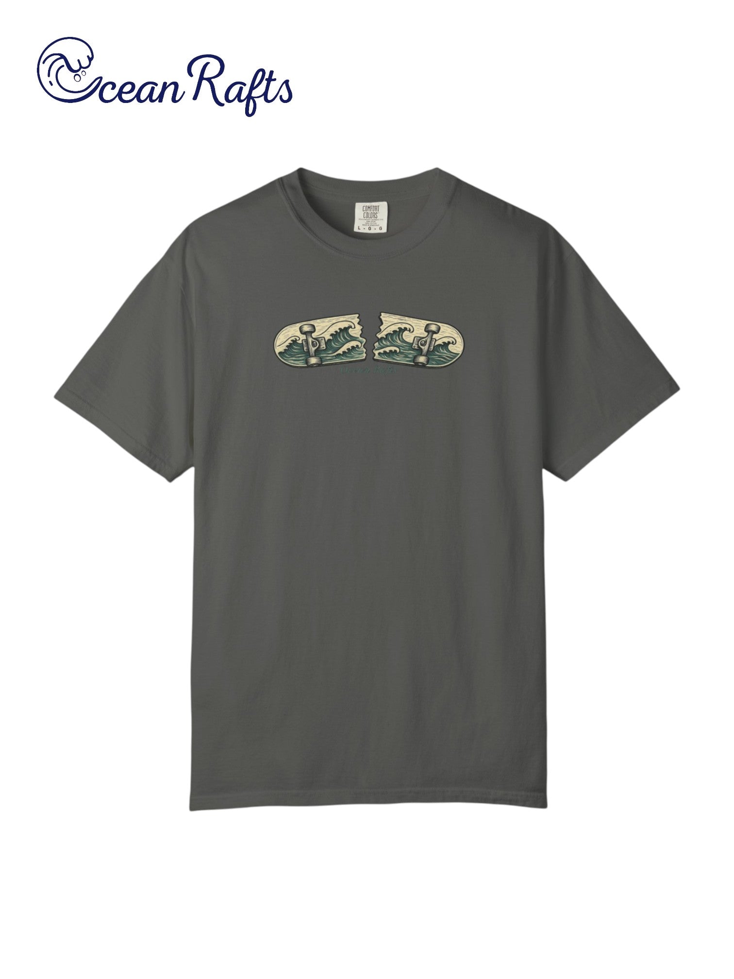 Tidal Break Shirt - Ocean Rafts - AU & NZ - Grey Tee with broken skateboard with wave graphic