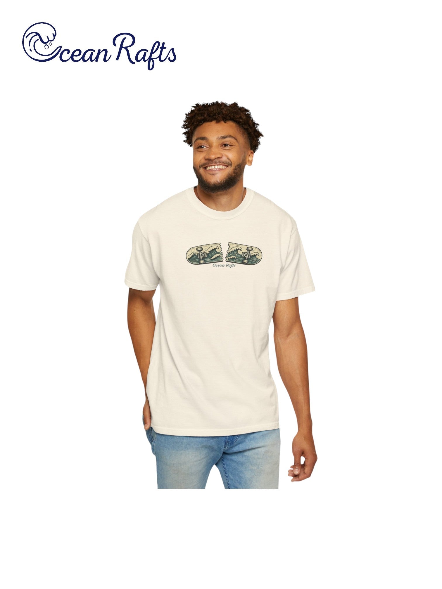 Tidal Break Shirt - Ocean Rafts - AU & NZ - man wearing beige Tee with broken skateboard with wave graphic