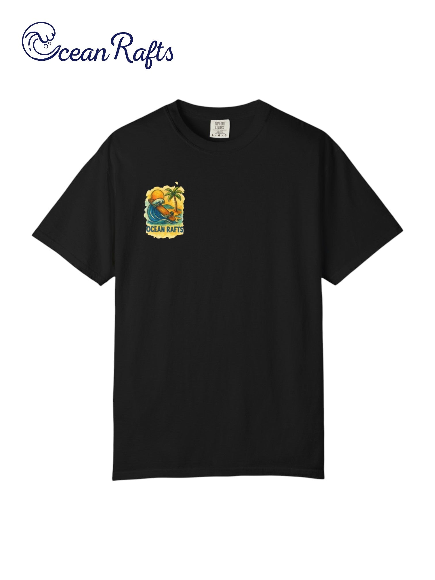 Wave Rider Shirt - Ocean Rafts - AU & NZ - black tee with skateboard riding a wave against a beach graphic