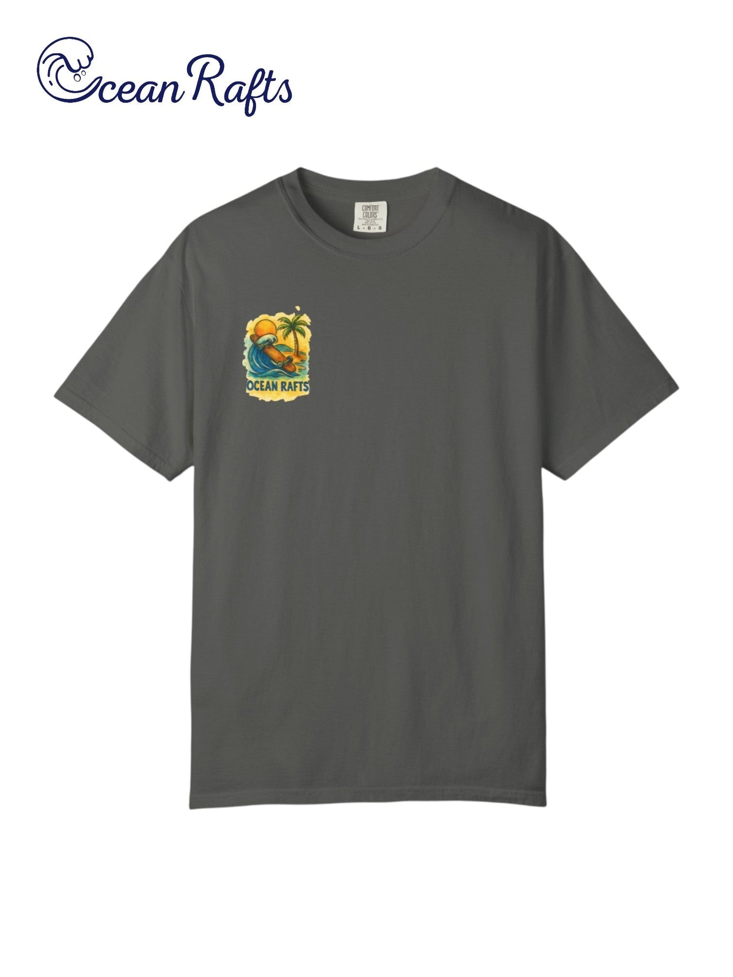 Wave Rider Shirt - Ocean Rafts - AU & NZ - grey tee with skateboard riding a wave against a beach graphic