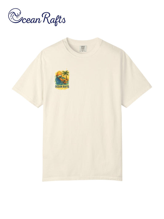 Wave Rider Shirt - Ocean Rafts - AU & NZ - beige tee with skateboard riding a wave against a beach graphic
