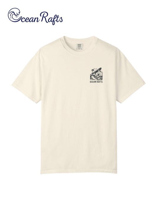 Waveline Shirt - Ocean Rafts - AU & NZ - beige tee with skateboard ramp bursting with flowing ocean waves graphic